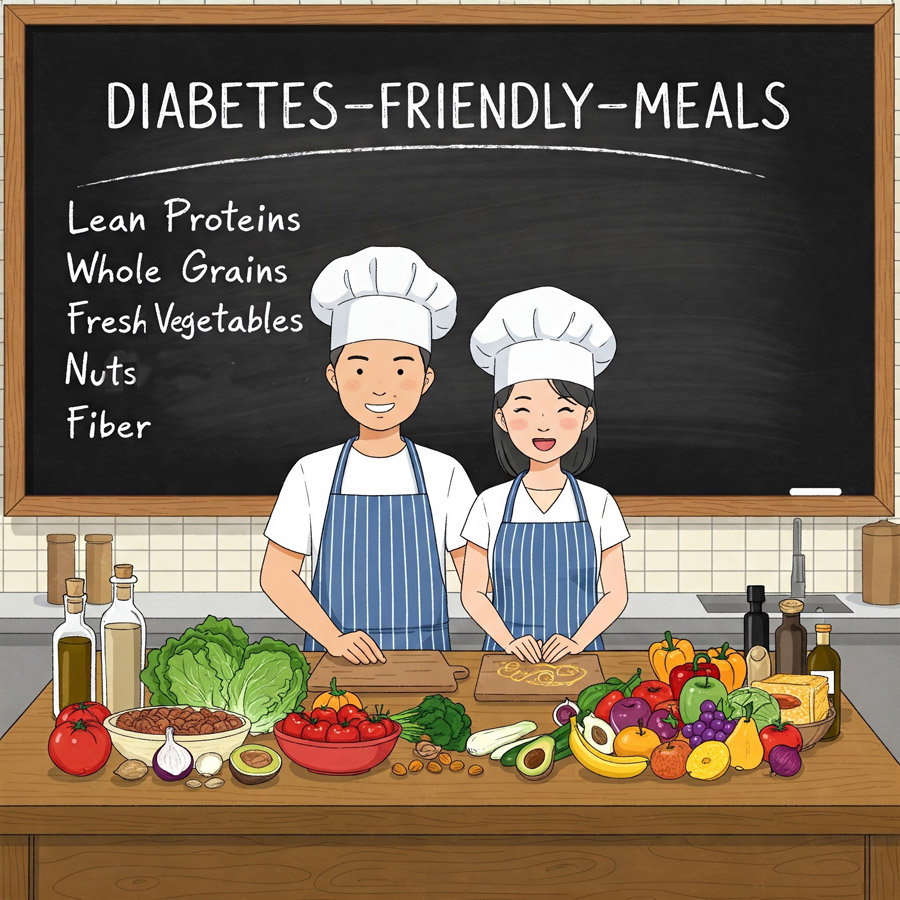 A cheerful chef preparing a diabetes-friendly meal in a cozy kitchen, surrounded by fresh, healthy ingredients.