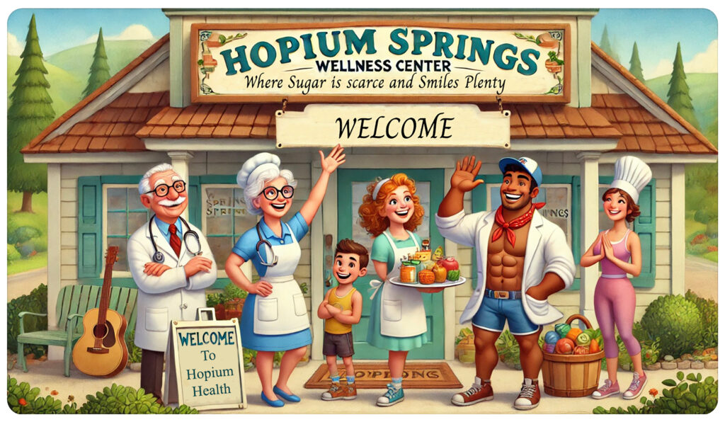 Hopium Springs Wellness Center exterior with friendly characters, Dr. Bea Well, Nurse May B. Better, Ted Treadwell, and Chef Honeybell, warmly welcoming visitors.