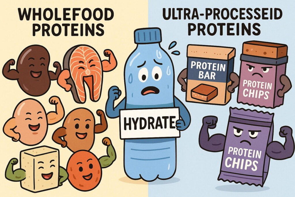 Cartoon of whole vs processed proteins and a worried water bottle.