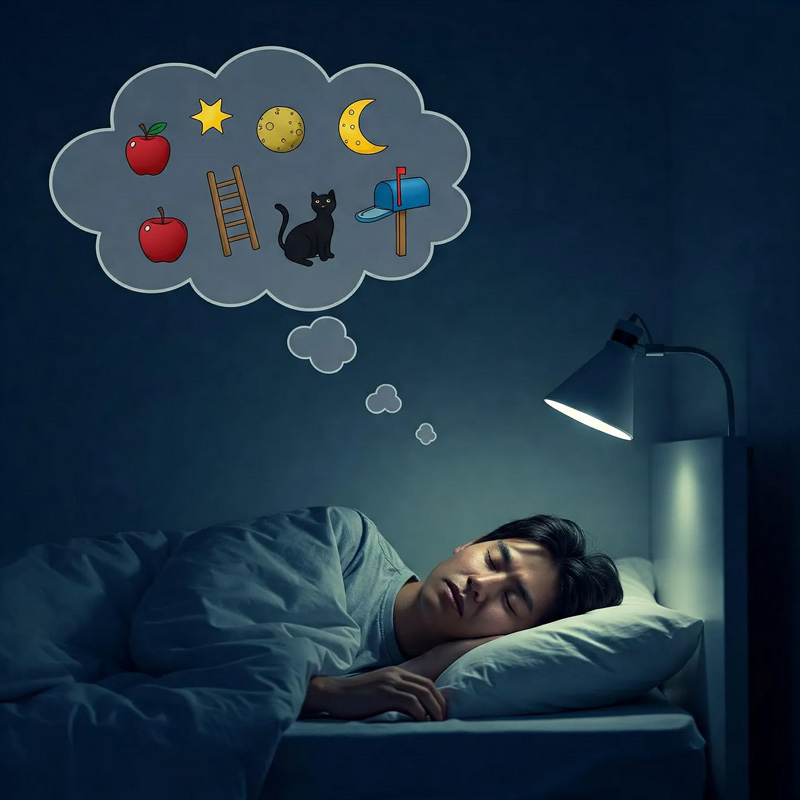 Man lying in bed with a thought bubble of random objects like ladders, cats, moons, and mailboxes—visualizing cognitive shuffling.