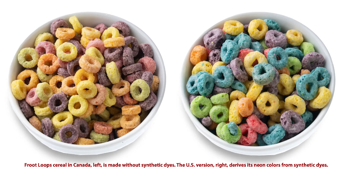 Two bowls of Froot Loops cereal comparing natural and synthetic food dyes