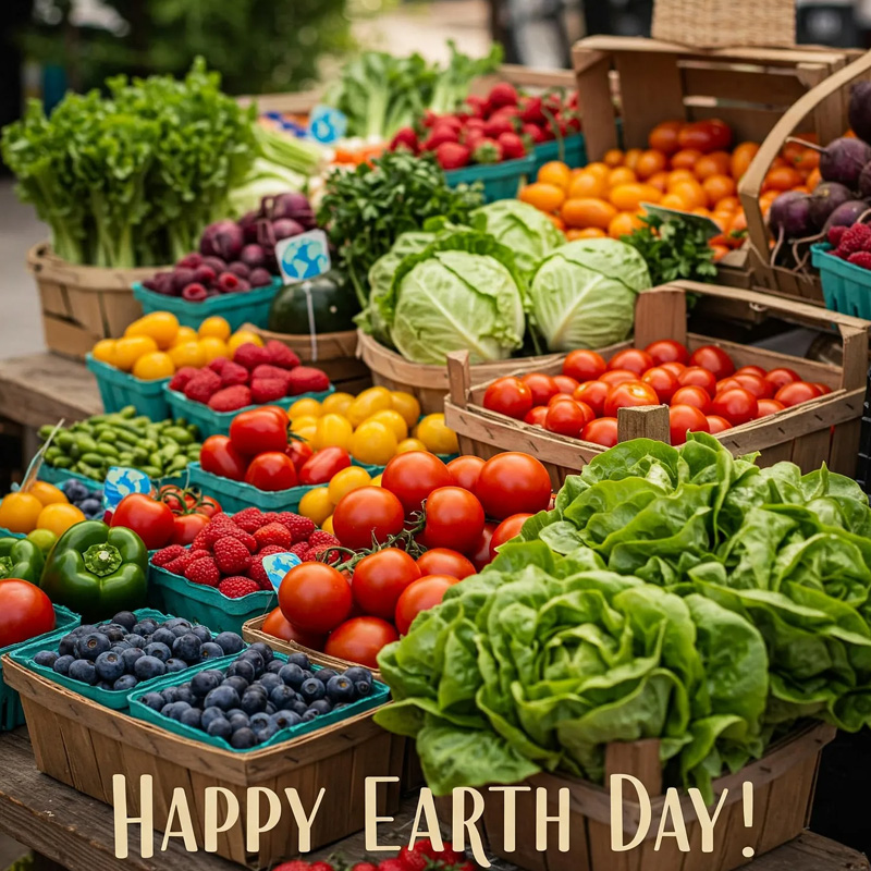 Colorful display of fresh fruits and vegetables at an outdoor market celebrating Earth Day.