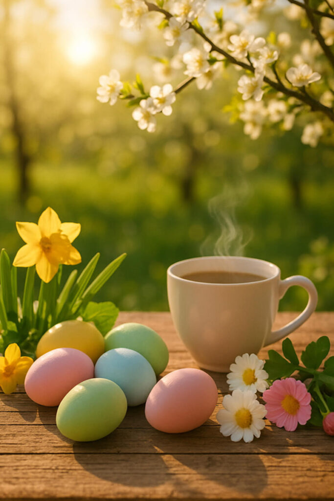 Pastel Easter eggs, spring flowers, and a steaming cup of coffee on a rustic table in a blooming garden.