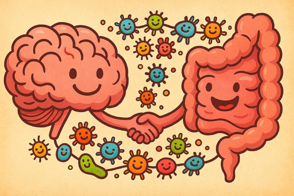 Cartoon brain and intestines smiling and shaking hands, surrounded by colorful microbes.