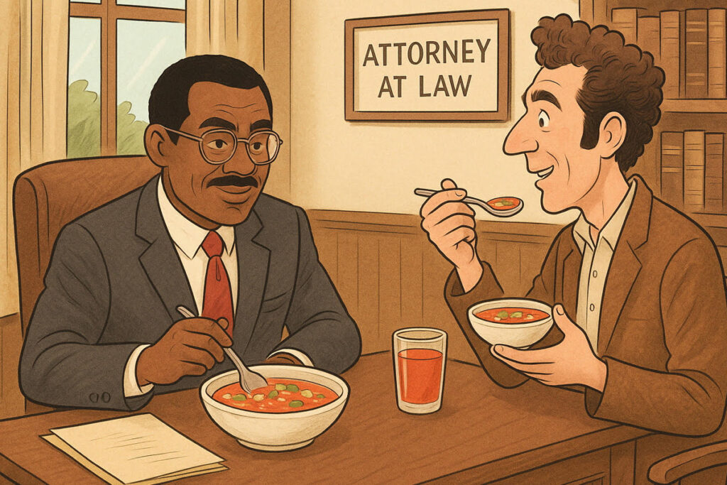 Cartoon of Cosmo Kramer and attorney Jackie Chiles sharing gazpacho in a law office, with a sign reading "Attorney at Law" in the background.