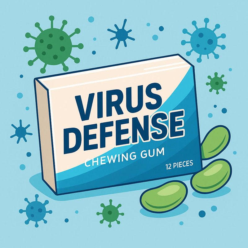 Illustration of a Virus Defense chewing gum pack surrounded by green virus icons.