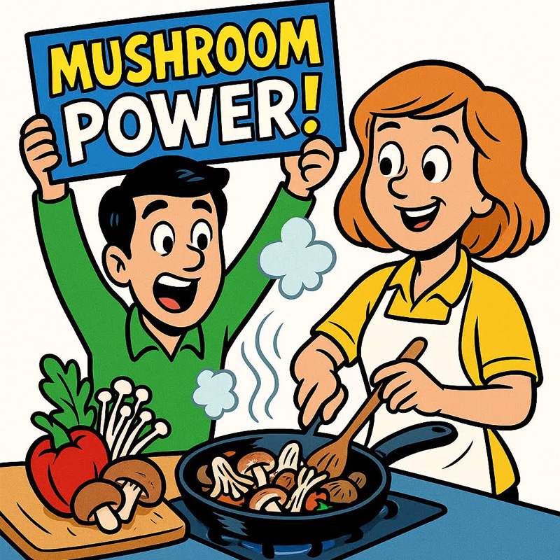 Happy cartoon characters cooking mushrooms with a sign that says Mushroom Power