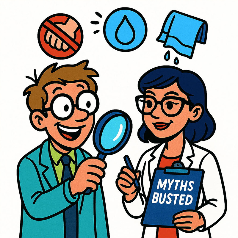 Cartoon doctors busting health myths with clipboard and magnifying glass