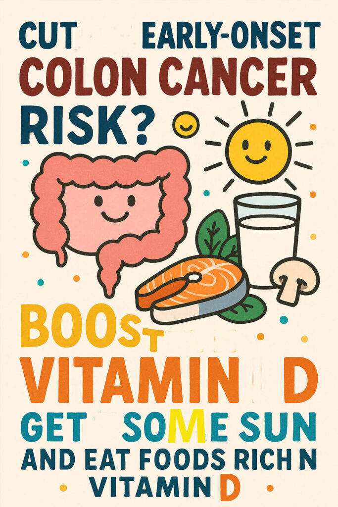 Cartoon of a smiling colon surrounded by vitamin D-rich foods, a sun icon, and the message “Boost Vitamin D to cut early-onset colon cancer risk.”