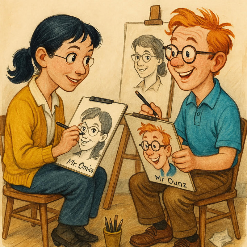 Cartoon of a smiling woman and man sketching each other’s portraits; their drawings are labeled “Mr. Ounz” and “Ms. Omics.”