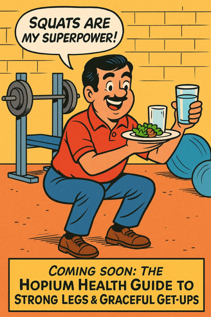 Retro-style cartoon of a man squatting with food and water, promoting strong legs and healthy habits