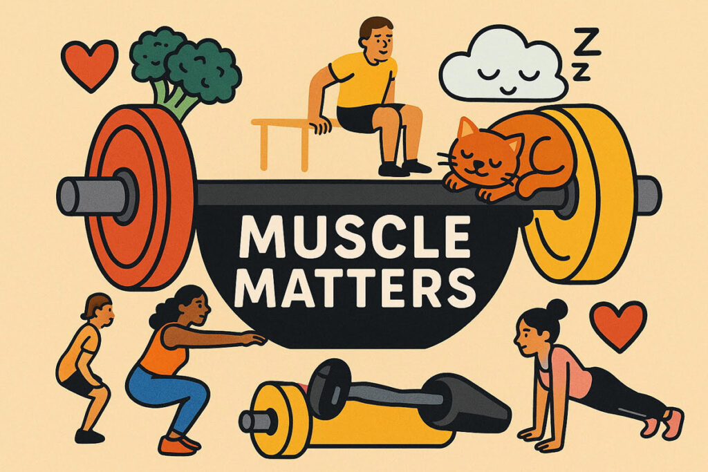 Playful illustration of a barbell with broccoli and a sleeping cat, surrounded by diverse people doing strength exercises, promoting muscle health with joy and humor.