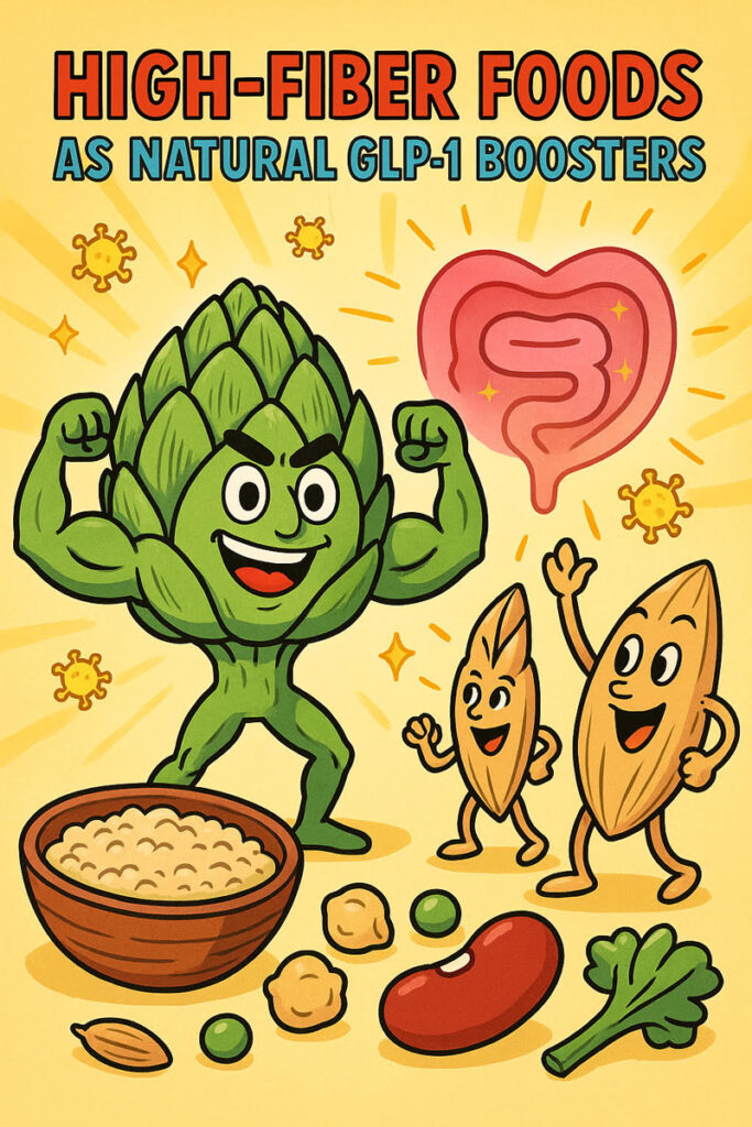 Colorful illustration of fiber-rich foods like artichokes, oats, and beans happily dancing with a glowing gut symbol, representing natural GLP-1 support.