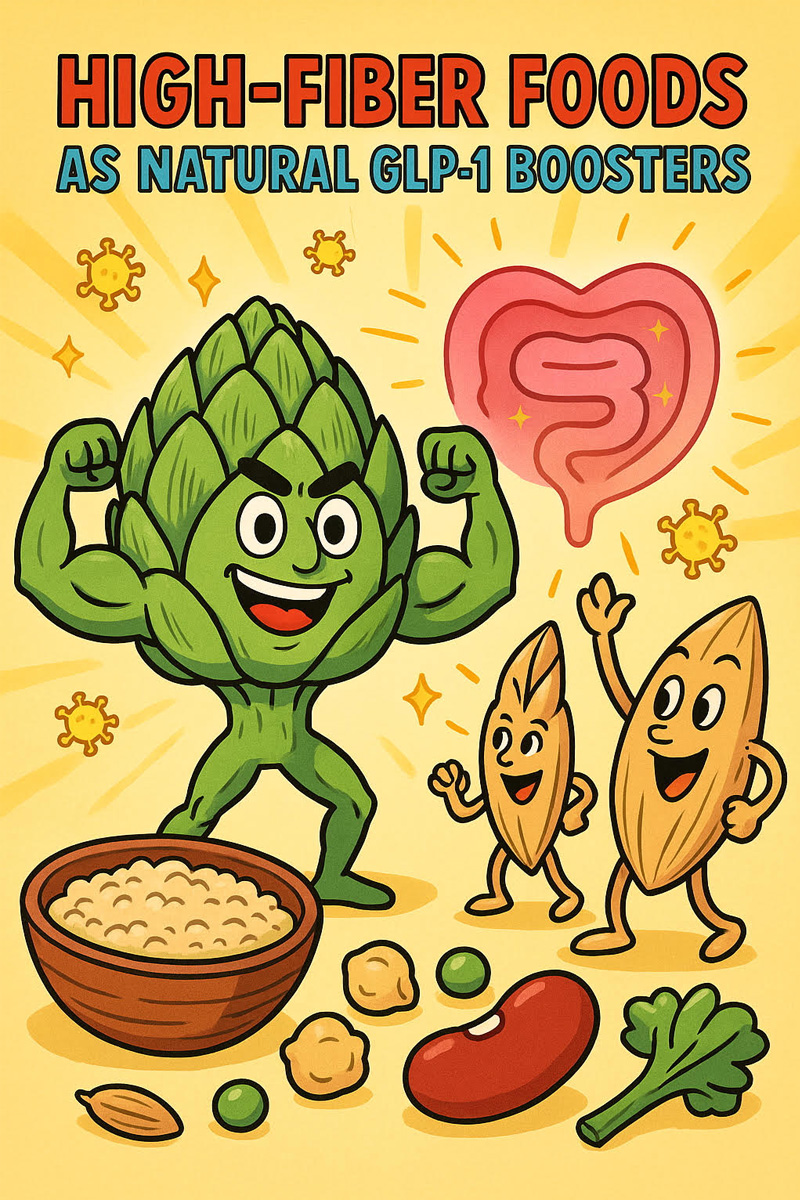 Colorful illustration of fiber-rich foods like artichokes, oats, and beans happily dancing with a glowing gut symbol, representing natural GLP-1 support.