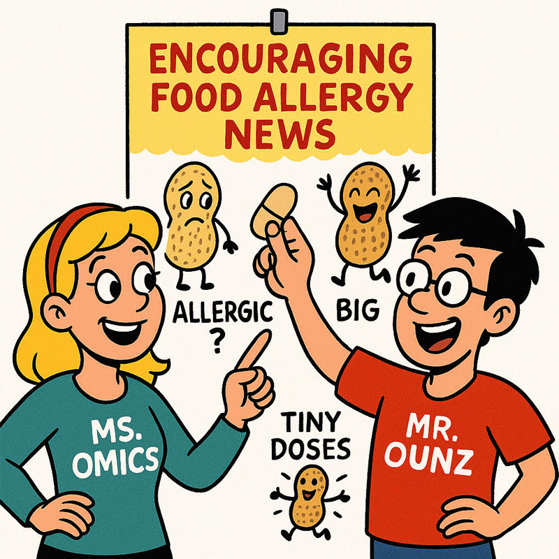 Cartoon of Ms. Omics and Mr. Ounz discussing a peanut allergy breakthrough, showing a sad peanut labeled “Allergic?” and a happy peanut labeled “Big Tiny Doses.”
