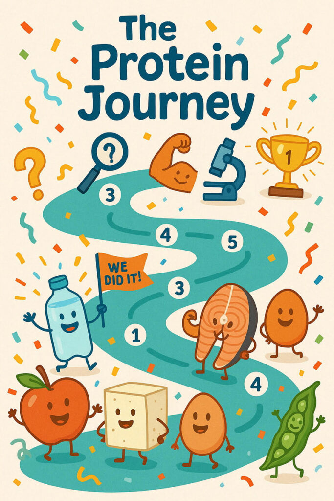 Colorful illustrated infographic titled "The Protein Journey" showing a winding path with various protein sources like tofu, fish, egg, and peas.