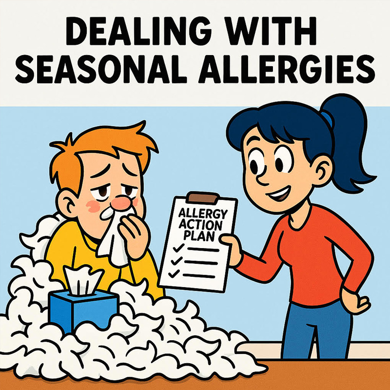 Cartoon of a sneezing man surrounded by tissues and a woman holding an "Allergy Action Plan" checklist.