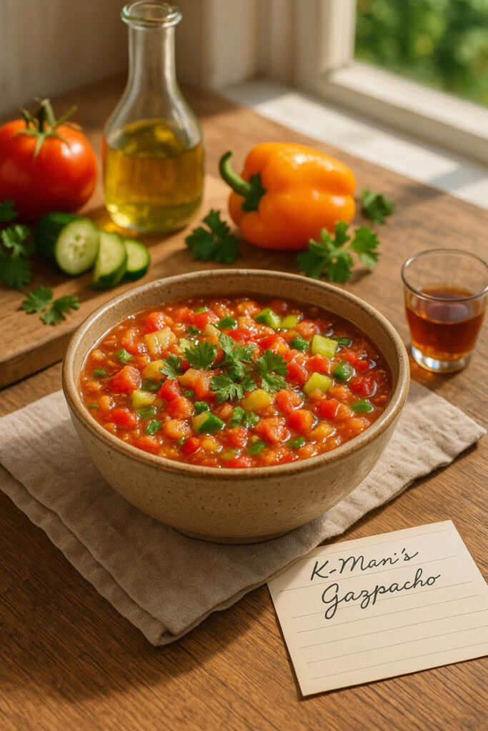 A rustic bowl of colorful gazpacho garnished with cilantro, surrounded by fresh vegetables and olive oil, with a handwritten card reading “K-Man’s Gazpacho.”