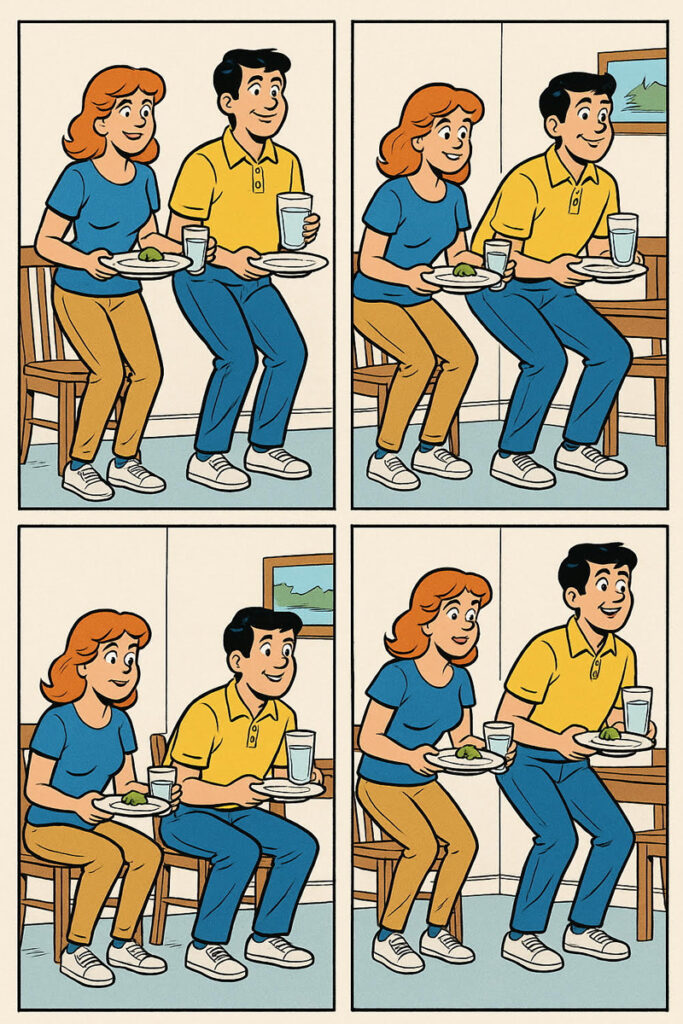 Cartoon couple doing squats while holding food.