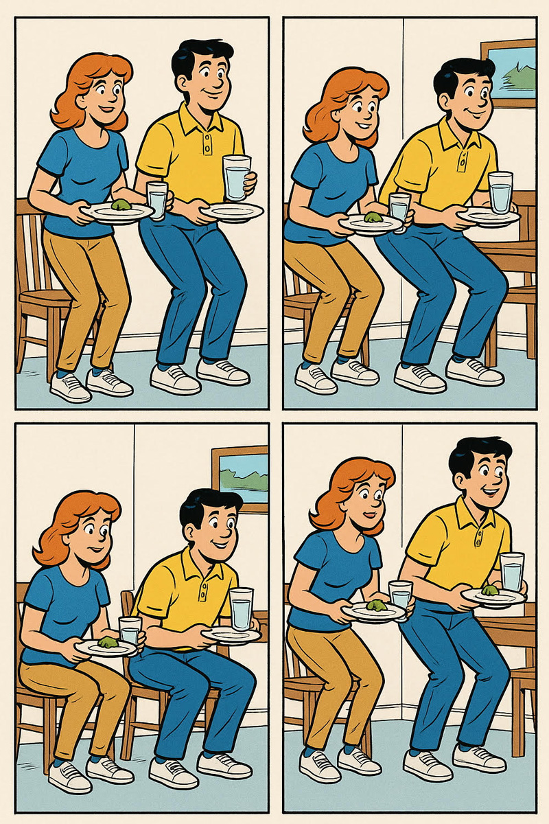 Cartoon couple doing squats while holding food.