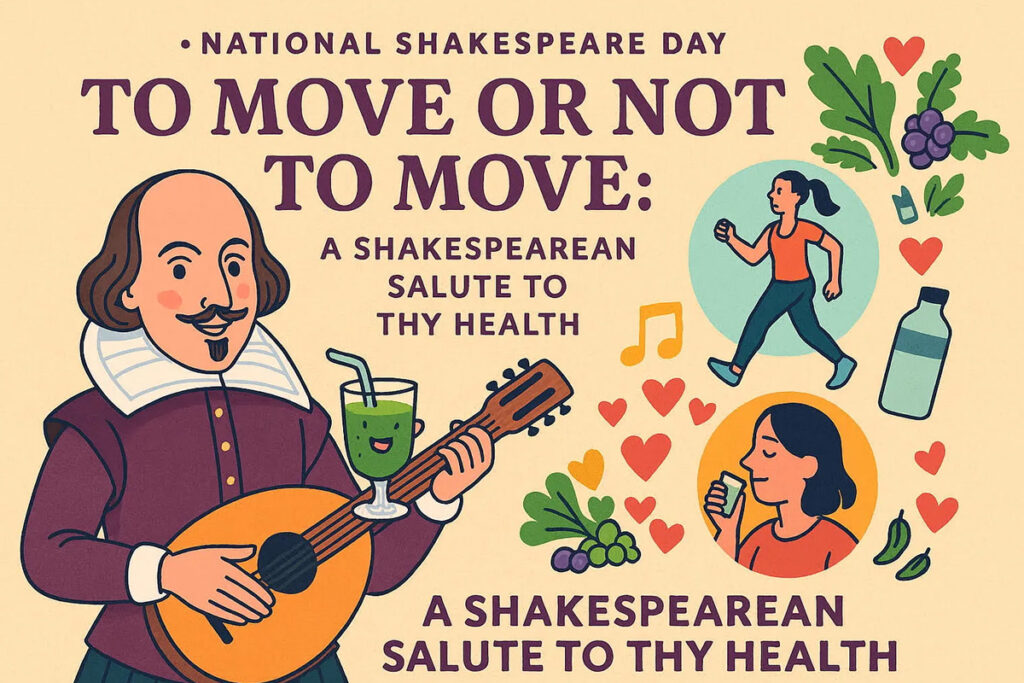 Cartoon of Shakespeare promoting health and exercise