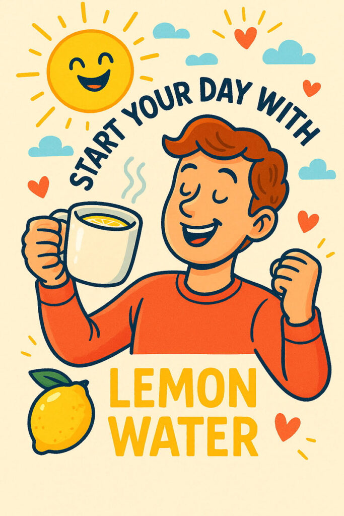 Cheerful illustration of a cozy mug of warm lemon water with rising steam shaped like a smiling sun, symbolizing morning wellness and hydration.