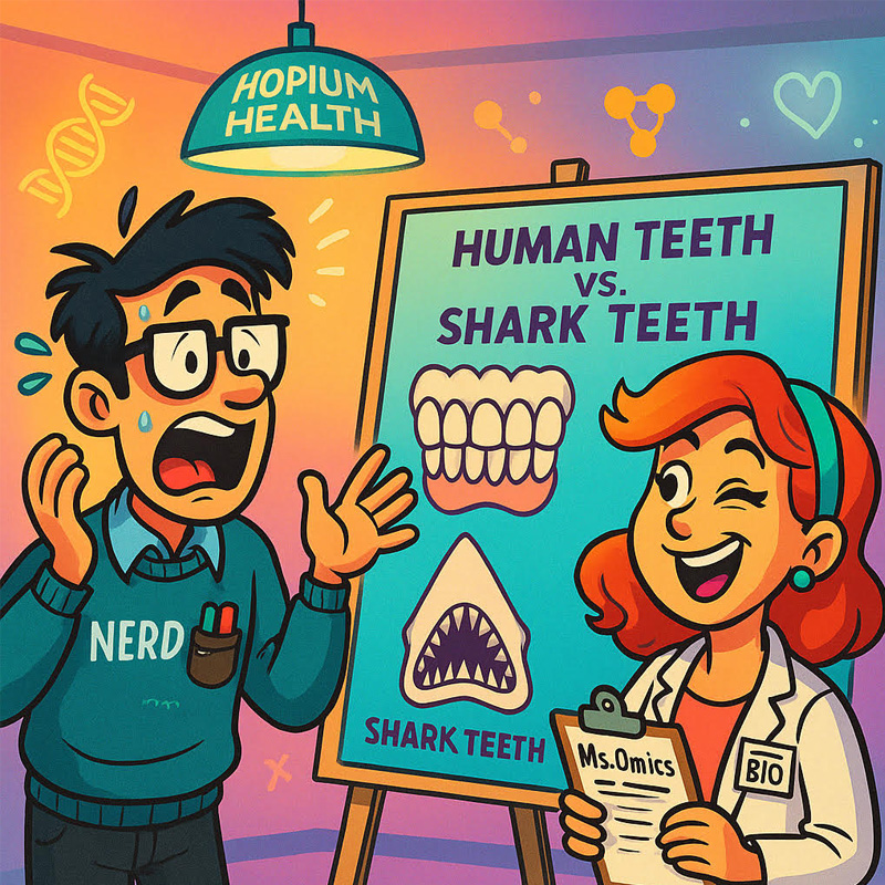 : Cartoon comparison of human teeth and shark teeth at Hopium Health seminar