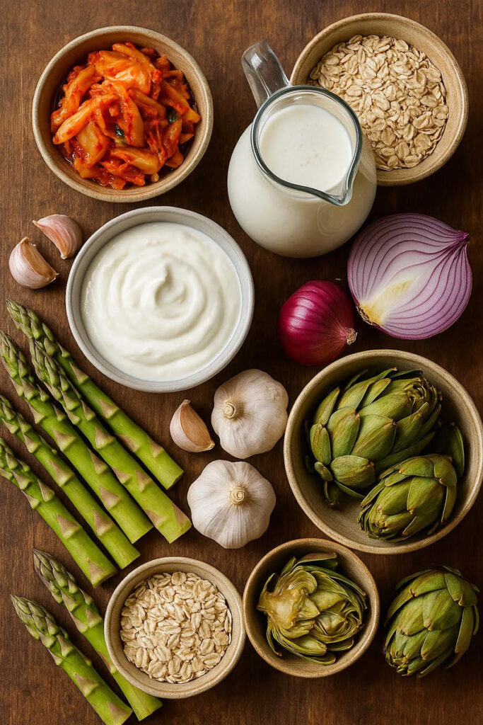 Assorted prebiotic foods including yogurt, garlic, oats, artichokes, kimchi, asparagus, and onion.