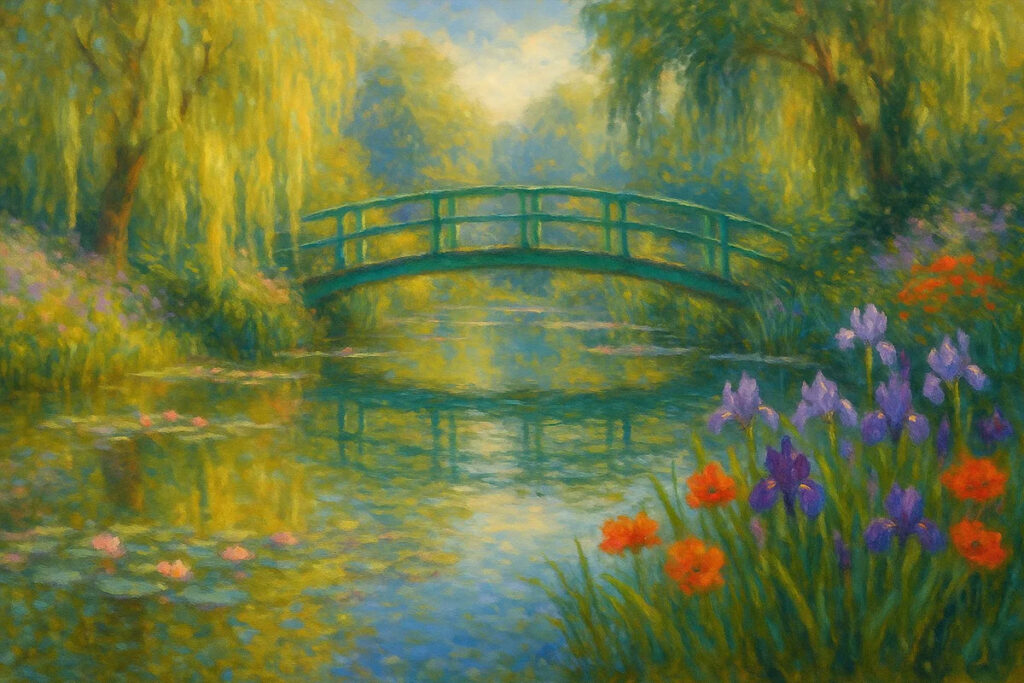 Impressionist-style painting of a garden with a green footbridge over a pond surrounded by lilies, irises, and weeping willows.