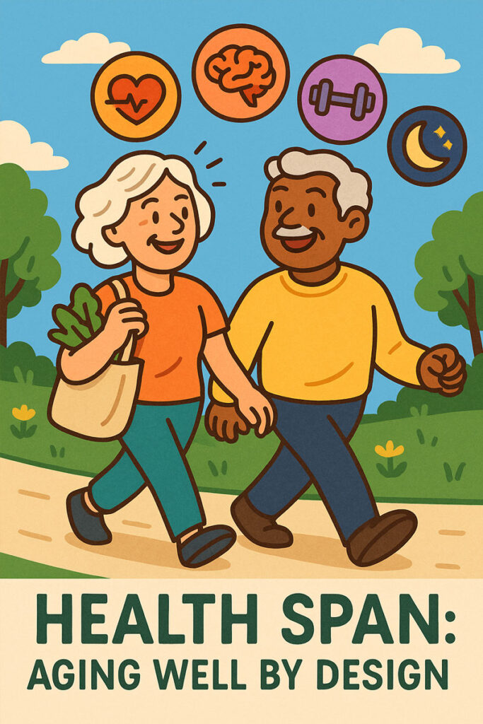 A colorful illustration of a smiling older adult walking outside with a friend, while icons float above showing a heart, brain, dumbbell, leafy green, and a moon representing sleep. A caption reads, “Health Span: Aging Well by Design.”