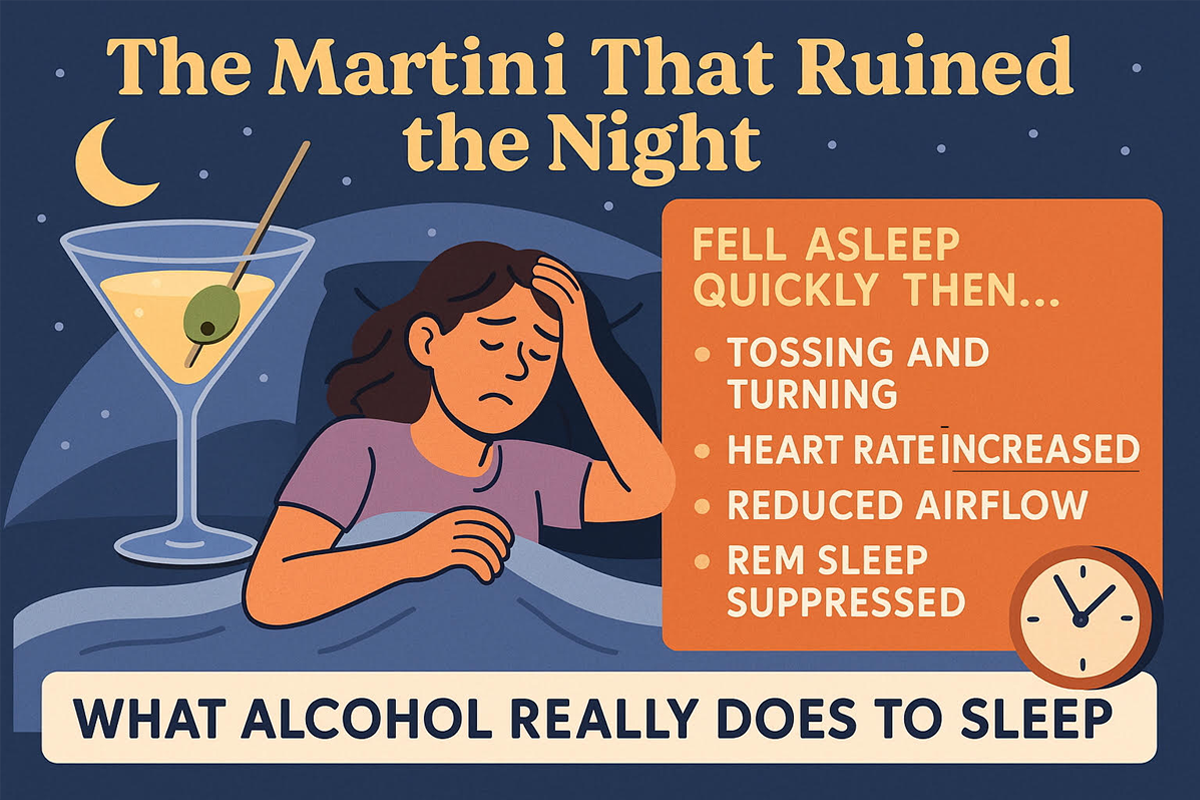 Illustration of woman in bed unable to sleep, with a martini and list of alcohol-related sleep disruptions.