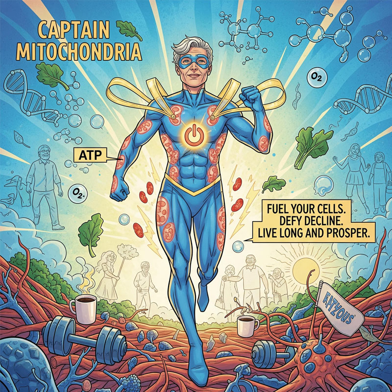 Comic-style illustration of Captain Mitochondria, a gender-neutral superhero representing vitality, aging gracefully, and cellular energy, leaping across a landscape of muscle fibers and DNA strands.