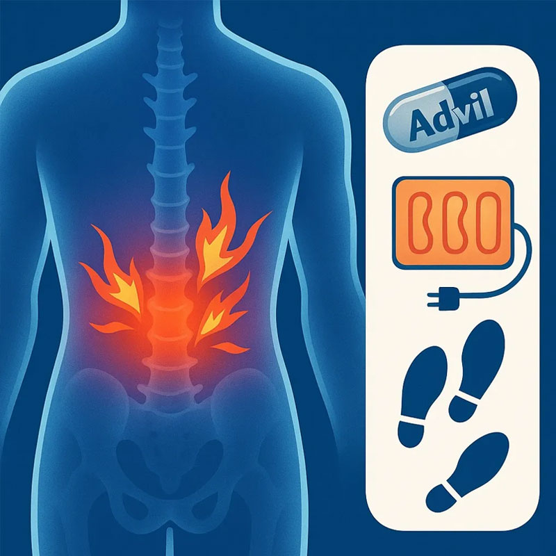 Illustration of lower back pain with inflammation, showing treatment options: Advil, heating pad, and walking.