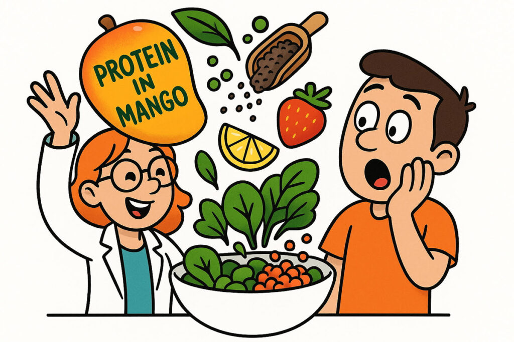 Cartoon of a scientist showing surprised man how mango and other plant foods contain protein