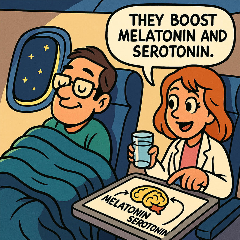 Cartoon showing a scientist explaining how weighted blankets boost melatonin and serotonin