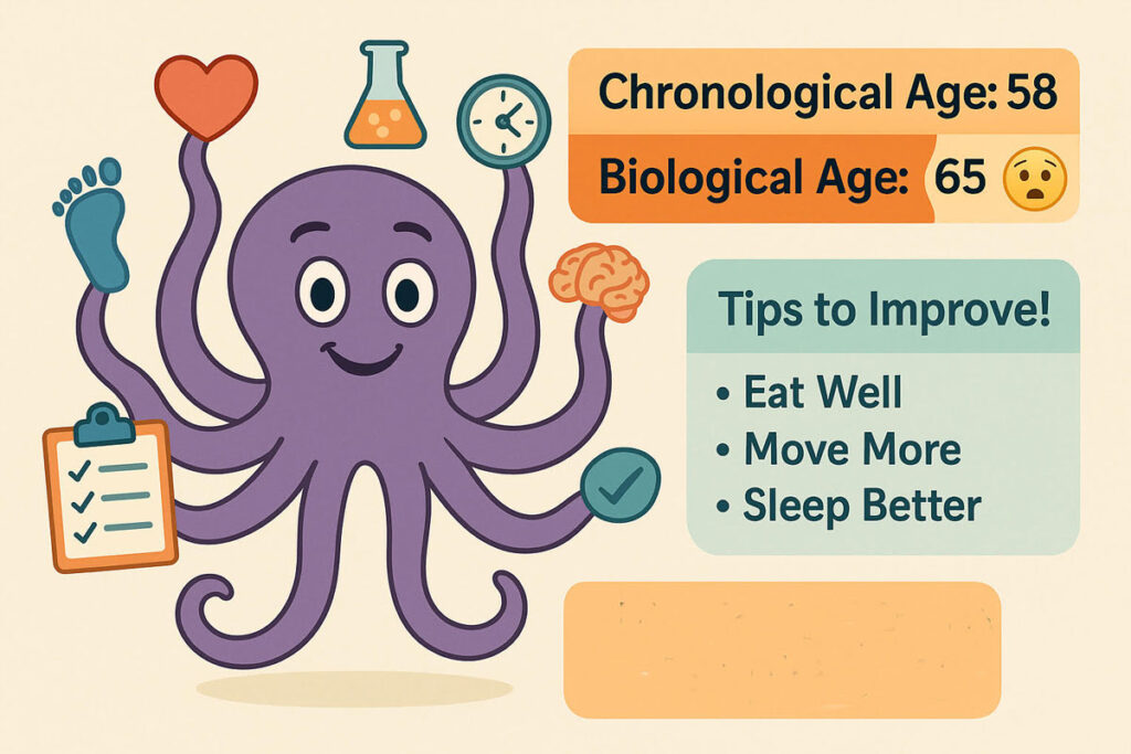 Cartoon of a cheerful octopus holding health metric icons, with side-by-side comparison of biological vs. chronological age and tips to improve aging health.