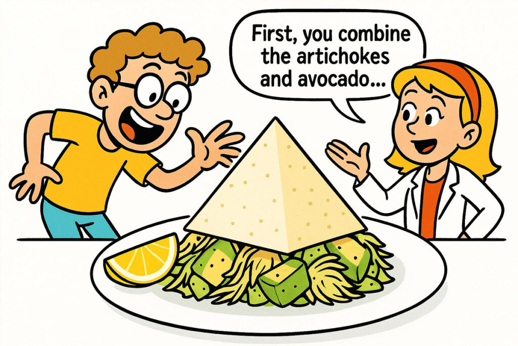 Cartoon of a boy and girl excitedly discussing a pyramid-shaped artichoke and avocado salad with a lemon wedge on the side.