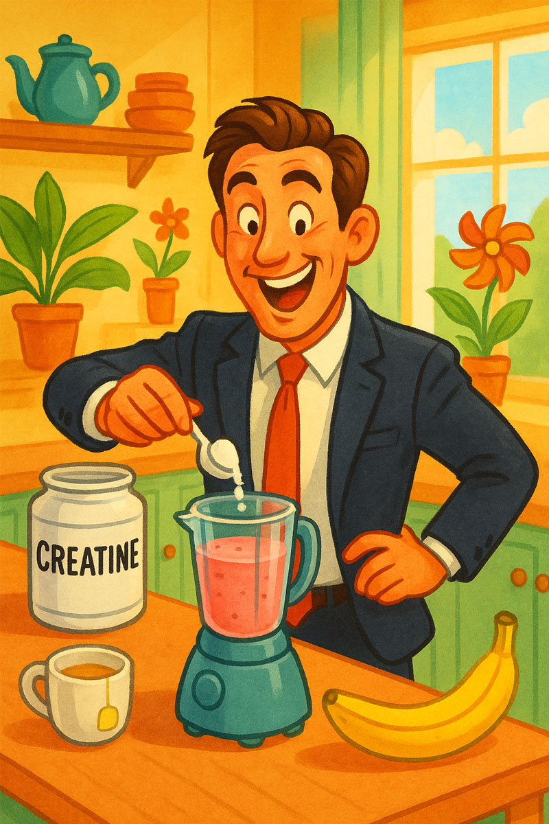 Cartoon of a cheerful man in a suit making a smoothie in a sunny kitchen, adding creatine powder from a jar. A banana, cup of tea, and houseplants are on the counter.