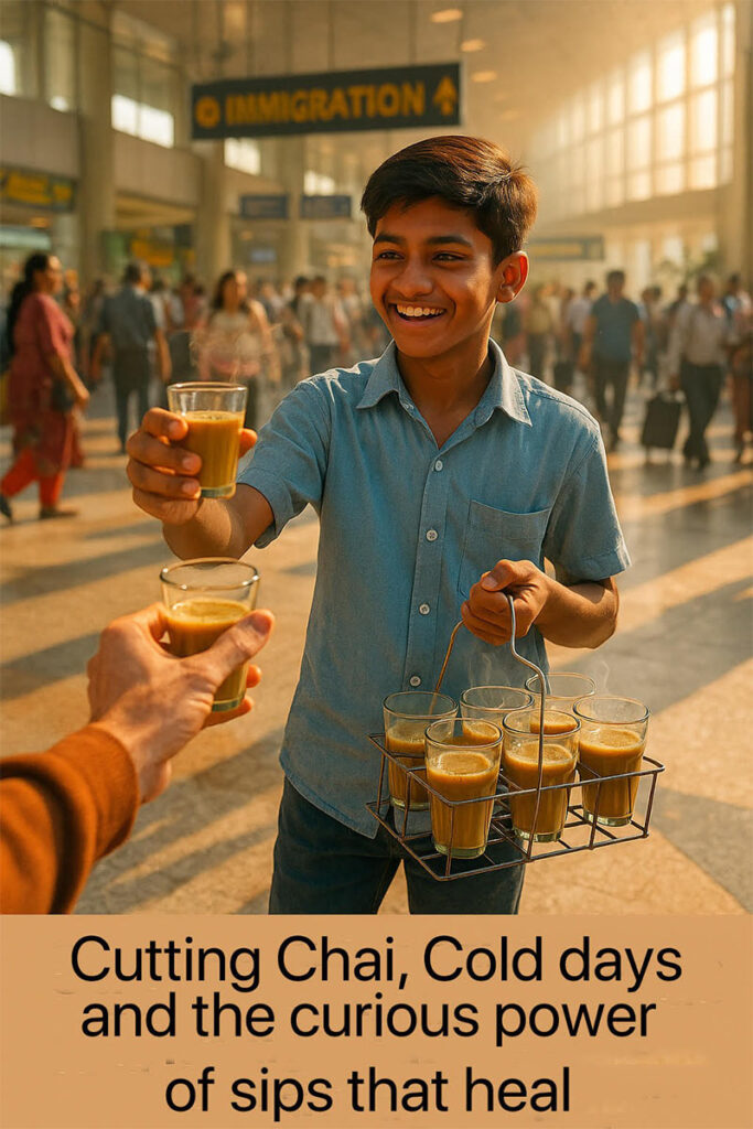Smiling boy serving steaming cutting chai in glass cups at a busy train station with warm sunlight and a sign reading “Immigration” in the background.