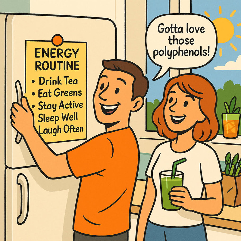 Cartoon of a couple discussing healthy energy routine and benefits of polyphenols