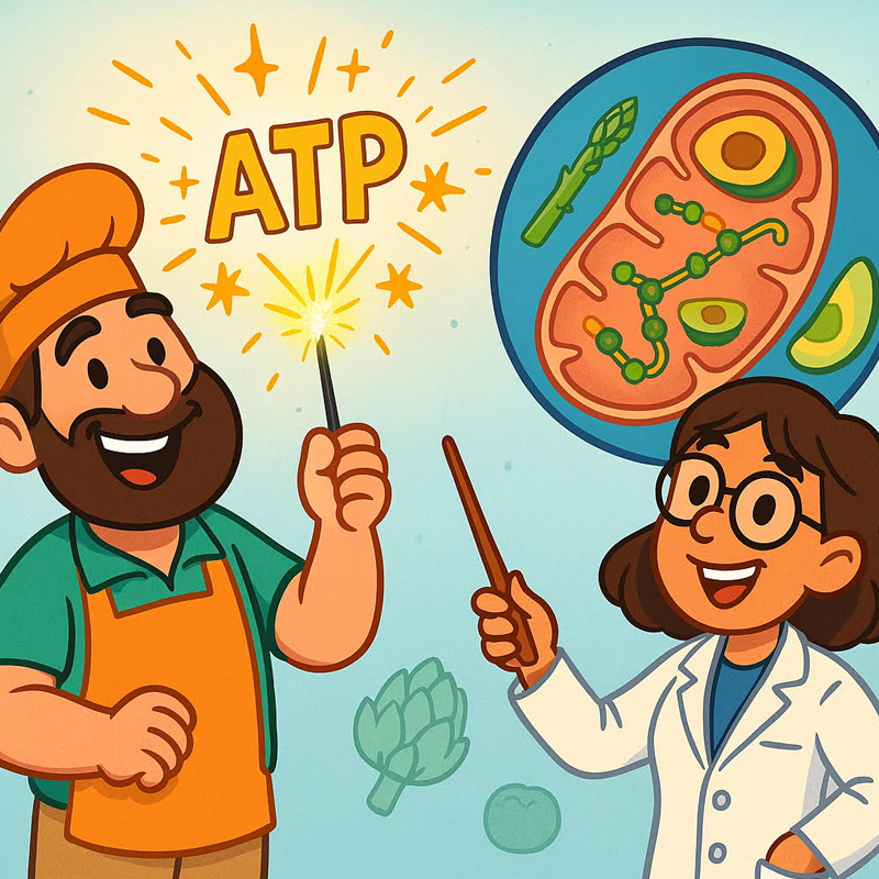 Cartoon scientist and chef with magic wands illustrating ATP and mitochondria energy