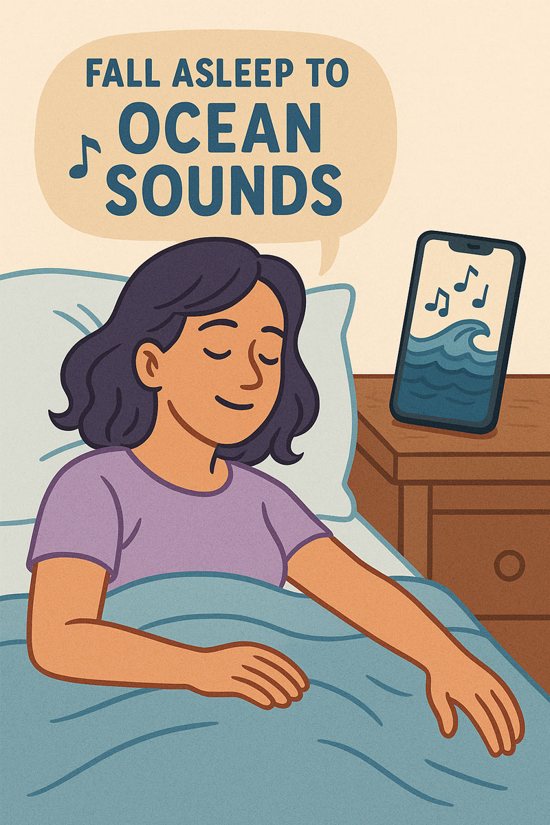 A woman peacefully falls asleep in bed while ocean sounds play from a smartphone on her bedside table.