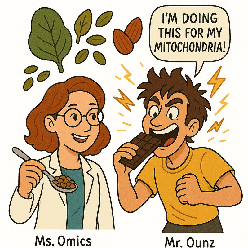 Man eating dark chocolate excitedly for mitochondrial health, with woman holding lentils and leafy greens above.
