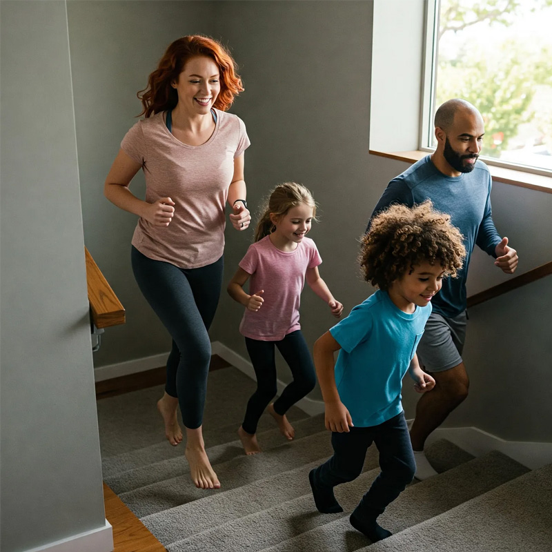 A happy family of four running up carpeted stairs together for indoor exercise.