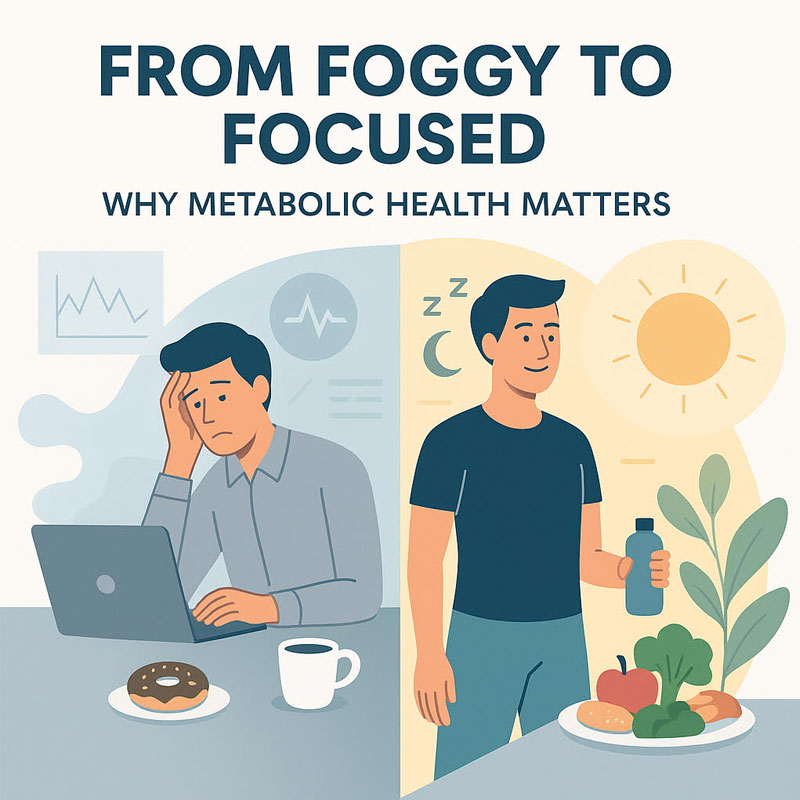 Split-screen cartoon showing a tired man at a laptop with junk food and a refreshed man eating healthy.
