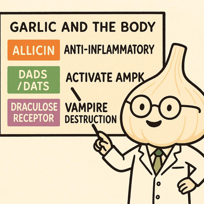 Cartoon garlic scientist explains health benefits of garlic compounds like allicin and DADS.