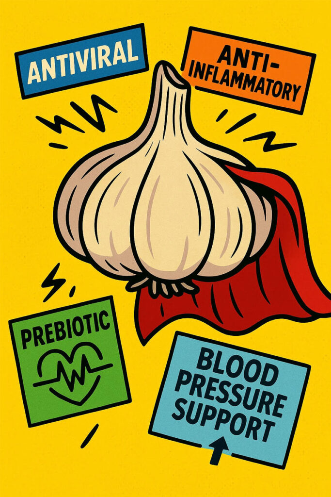 A heroic garlic bulb with a cape illustrates its antiviral, anti-inflammatory, prebiotic, and blood pressure–supporting properties.
