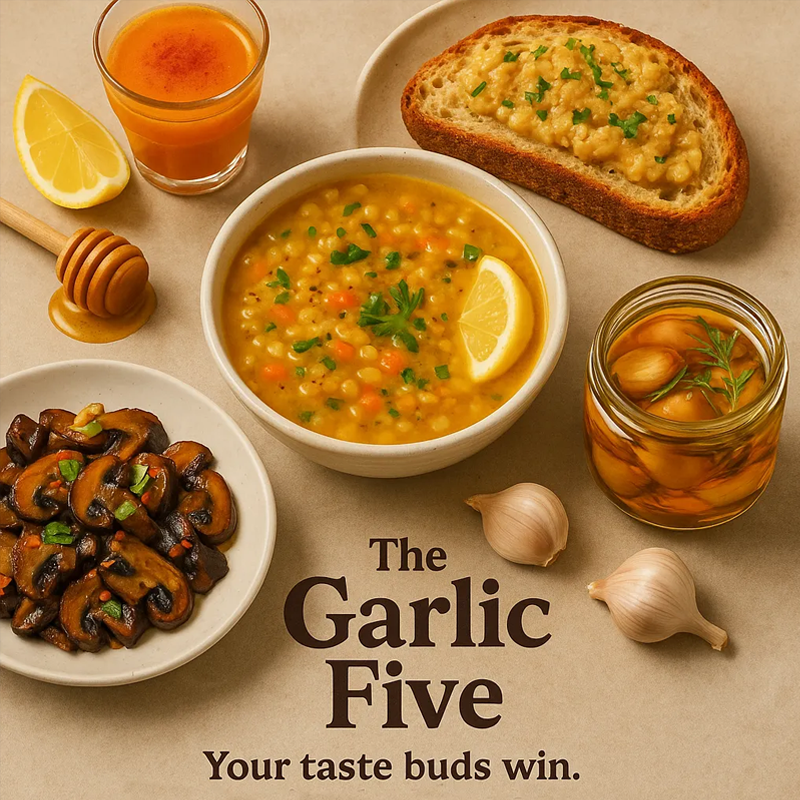 A flavorful spread featuring five garlic-packed dishes: garlic soup with lemon, roasted garlic toast, honey garlic shot, sautéed mushrooms, and garlic preserved in oil.