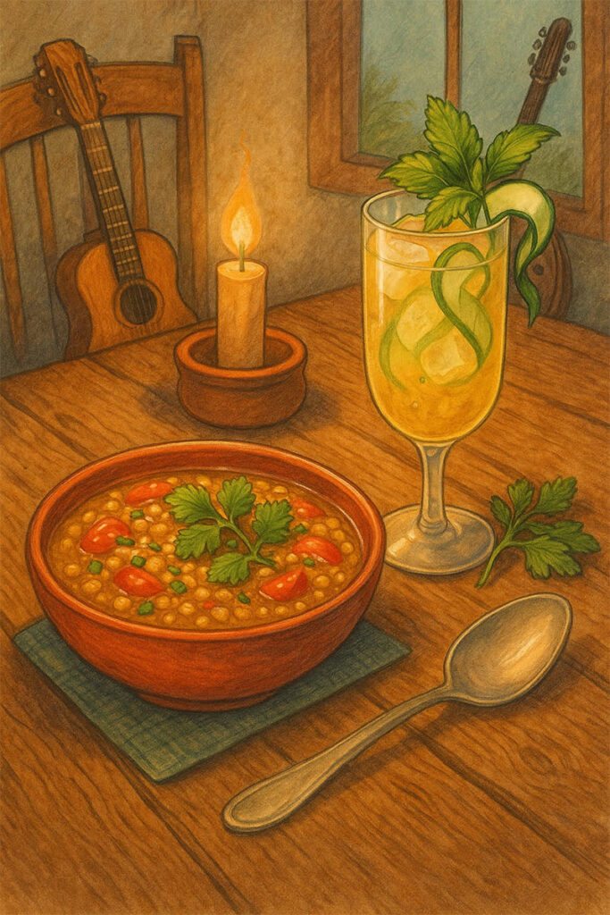 Cozy dinner with lentil soup and cucumber mocktail by candlelight