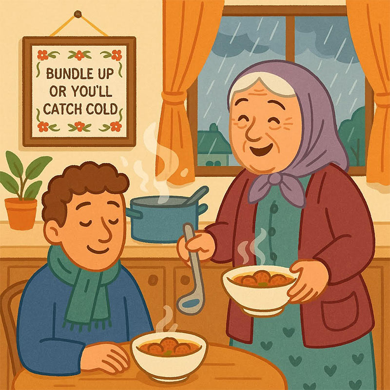 Illustration of a grandmother serving soup to a child in a cozy kitchen with a rainy window and a sign that says “Bundle up or you’ll catch cold.”